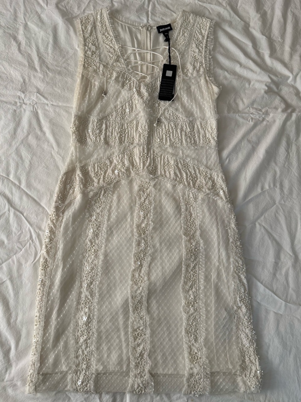 Just Cavalli white beaded Mini Dress with Lace-Up Neckline NWT